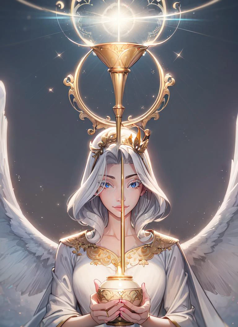 ((best quality)), ((highly detailed)), masterpiece, absurdres, (detailed eyes, deep eyes), (1girl), stretching, <lora:hairdetailer:.5>, ((cherub holding a large golden goblet of wine, short)), angelic, <lora:whiteeyelash:1.5>, eyelashes, Metallic white hair, (floating hair), blue eyes, large white wings, symmetrical wings, (halo), golden glow, calm smile, short hair, flowing (white robe), <lora:EraseGroinSkirt:1>, (cross), (clouds), (outside, in a dark ice cavern, stalagmite, stalactites, noon), <lora:sleepygimp:1>, sleepygimp