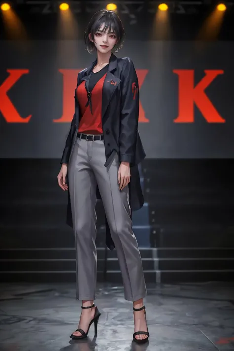 8K,highres,absurdres,masterpiece,best quality,original,extremely detailed CG,extremely detailed wallpaper,perfect lighting,<lyco:GoodHands-beta2:1>,1girl,blurry_background,looking_at_viewer,standing on the stage,
<lora:Uni:0.7>,red eyes,evil smile,labcoat,black shirt,grey pants,
