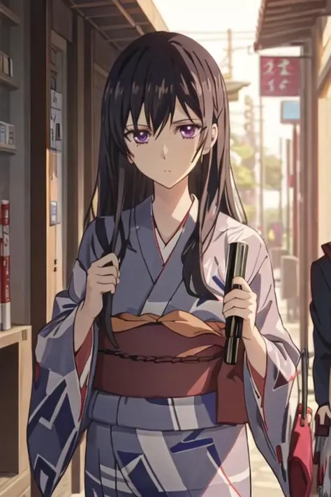 best quality, masterpiece, highres, solo, {yukata:1.40}, {kimono:1.20}, {aihara_mei_citrus:1.15}, black_hair, long_hair, purple_eyes, hair_between_eyes