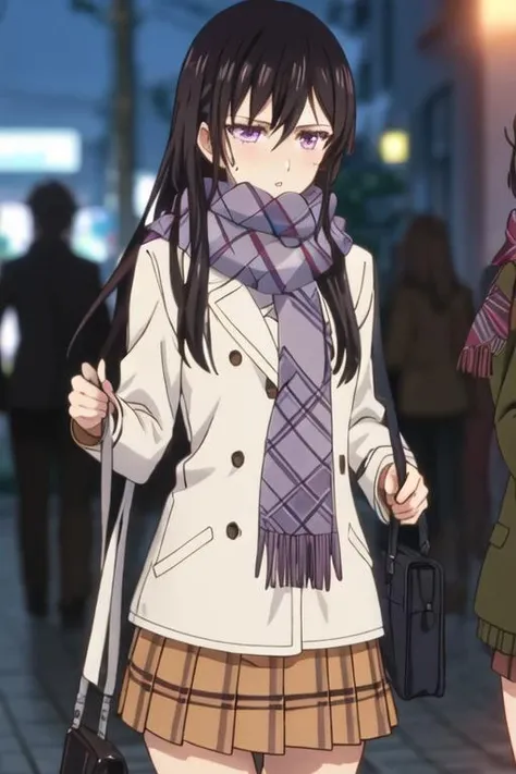 best quality, masterpiece, highres, solo, {aihara_mei_citrus:1.15}, black_hair, long_hair, purple_eyes, hair_between_eyes, 2girls, multiple_girls, scarf, blurry, parted_lips, anime_coloring, sweatdrop