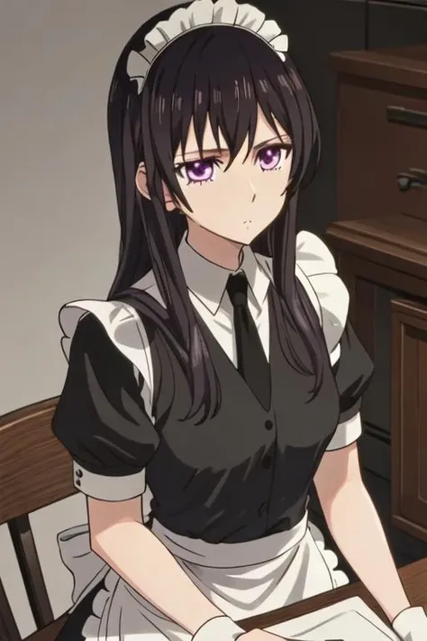 best quality, masterpiece, highres, solo, {maid:1.40}, {long maid dress:1.15}, {aihara_mei_citrus:1.15}, black_hair, long_hair, purple_eyes, hair_between_eyes