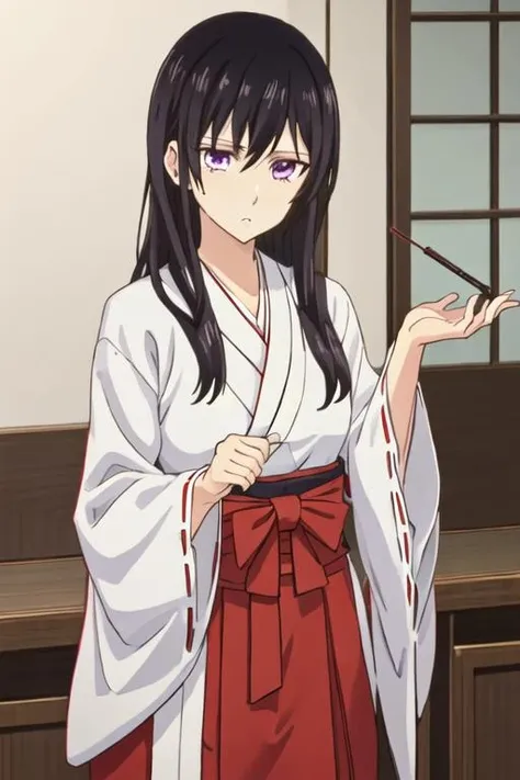 best quality, masterpiece, highres, solo, {white kimono:1.35}, {red hakama:1.35}, {wide sleeves:1.20}, {kousaka_reina_soundeuphonium:1.15}, black_hair, long_hair, purple_eyes, blush, bangs, closed_mouth, serafuku, blurry