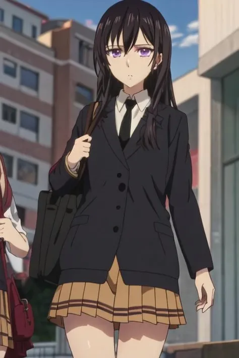 best quality, masterpiece, highres, solo, {aihara_mei_citrus:1.15}, black_hair, long_hair, purple_eyes, hair_between_eyes, 1girl, necktie, school_uniform, anime_coloring
