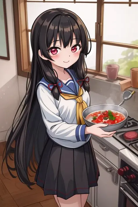 masterpiece, best quality,ultra detail, <lora:anmnr01:0.3> <lora:add_detail:0.5>,<lora:GoodHands-vanilla:0.8>scene view ,cooking<lora:cartoon_style:1>,asian town,girl, isokaze_kantaicollection <lora:isokaze_kantaicollection:0.7>black_hair, long_hair, red_eyes, ribbon, serafuku, tress_ribbon, evil smile, blush,bad food