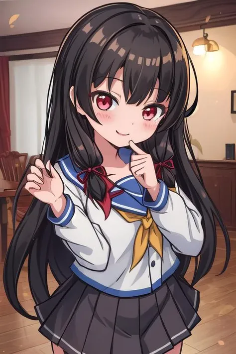 masterpiece, best quality,ultra detail, <lora:anmnr01:0.3> <lora:add_detail:0.5>,<lora:GoodHands-vanilla:0.8>scene view ,<lora:cartoon_style:1>,asian port,girl,stylish pose, isokaze_kantaicollection <lora:isokaze_kantaicollection:0.7>black_hair, long_hair, red_eyes, ribbon, hair_ribbon, serafuku, tress_ribbon, smile, blush