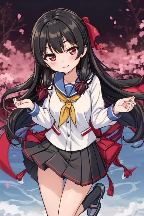 masterpiece, best quality,ultra detail, <lora:anmnr01:0.3> <lora:add_detail:0.5>,<lora:GoodHands-vanilla:0.8>scene view ,<lora:cartoon_style:1>,asian town,girl,stylish pose, isokaze_kantaicollection <lora:isokaze_kantaicollection:0.7>black_hair, long_hair, red_eyes, ribbon, serafuku, tress_ribbon, smile, blush