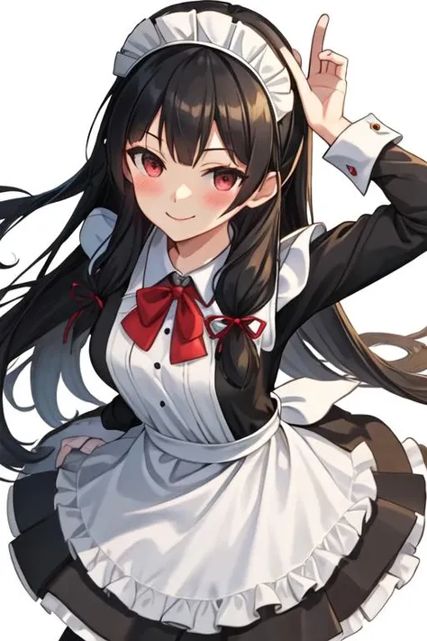 best quality, masterpiece, highres, solo, {maid:1.40}, {long maid dress:1.15}, {isokaze_kantaicollection:1.15}, black_hair, long_hair, red_eyes, ribbon, hair_ribbon, serafuku, tress_ribbon, smile, blush