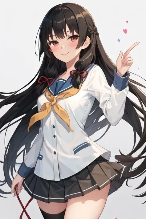 best quality, masterpiece, highres, solo, {isokaze_kantaicollection:1.15}, black_hair, long_hair, red_eyes, ribbon, hair_ribbon, serafuku, tress_ribbon, smile, blush, 1girl, looking_at_viewer, school_uniform, hair_ornament