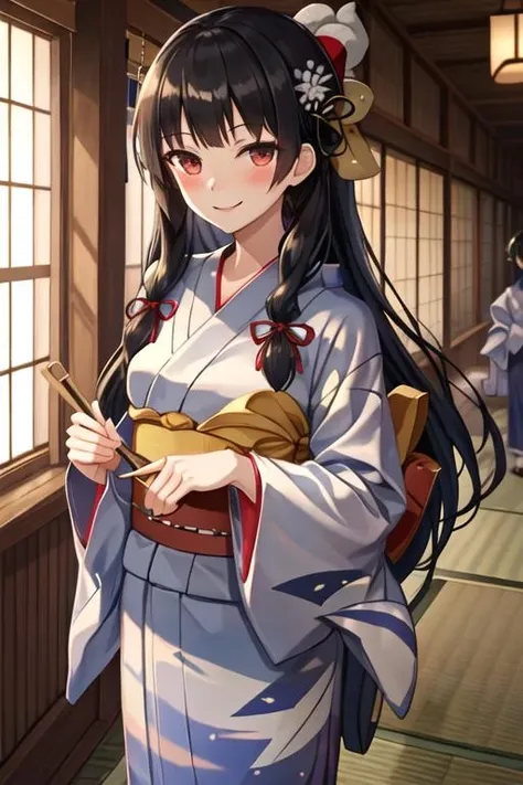 best quality, masterpiece, highres, solo, {yukata:1.40}, {kimono:1.20}, {isokaze_kantaicollection:1.15}, black_hair, long_hair, red_eyes, ribbon, hair_ribbon, serafuku, tress_ribbon, smile, blush