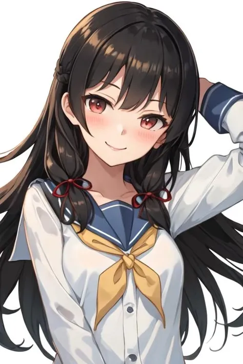 best quality, masterpiece, highres, solo, {isokaze_kantaicollection:1.15}, black_hair, long_hair, red_eyes, ribbon, hair_ribbon, serafuku, tress_ribbon, smile, blush, 1girl, neckerchief, school_uniform, simple_background, looking_at_viewer, upper_body, white_background, yellow_neckerchief, bangs, blue_sailor_collar, sailor_collar