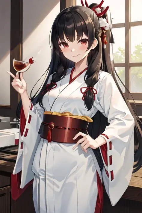 best quality, masterpiece, highres, solo, {white kimono:1.35}, {red hakama:1.35}, {wide sleeves:1.20}, {isokaze_kantaicollection:1.15}, black_hair, long_hair, red_eyes, ribbon, hair_ribbon, serafuku, tress_ribbon, smile, blush