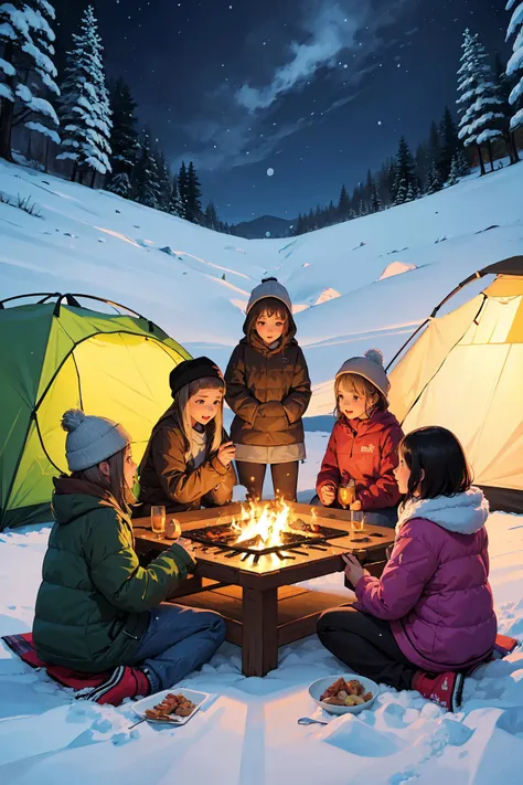 (5 girls watching and playing with each other), whole body (Laurie: 1.2), camping, picnicking, barbecue, barbecue, winter, snow, night, children's illustrations, masterpiece, best quality