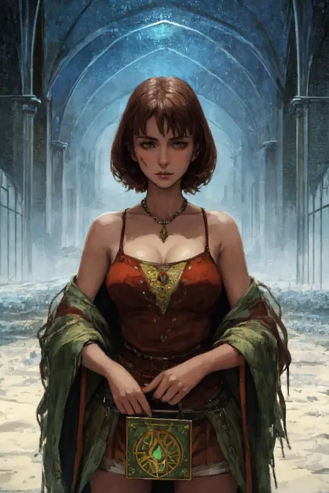 masterpiece,((best quality)),(illustration),(an extremely delicate and beautiful), psychedelic,Photojournalism,pectoral focus,Andrea Kowch,(Barclay Shaw:0.3),a painting by a female (hobgoblin | devil) girl, solo,cleavage,symmetry,[short shorts|clothes:0.6],[unrestricted view:0.1],Thin, The barren fields were scorched and battle-scarred,the remains of a fierce conflict frozen in time.,