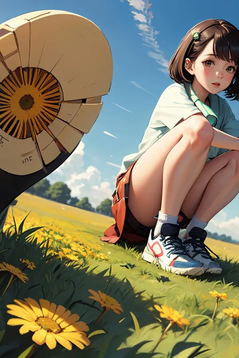 from very below shot, 1girl, lowangle, sky, cloud, grass, blurry foreground, full body, (green:1.2), sun, (dandelion:1.1), shoe sole