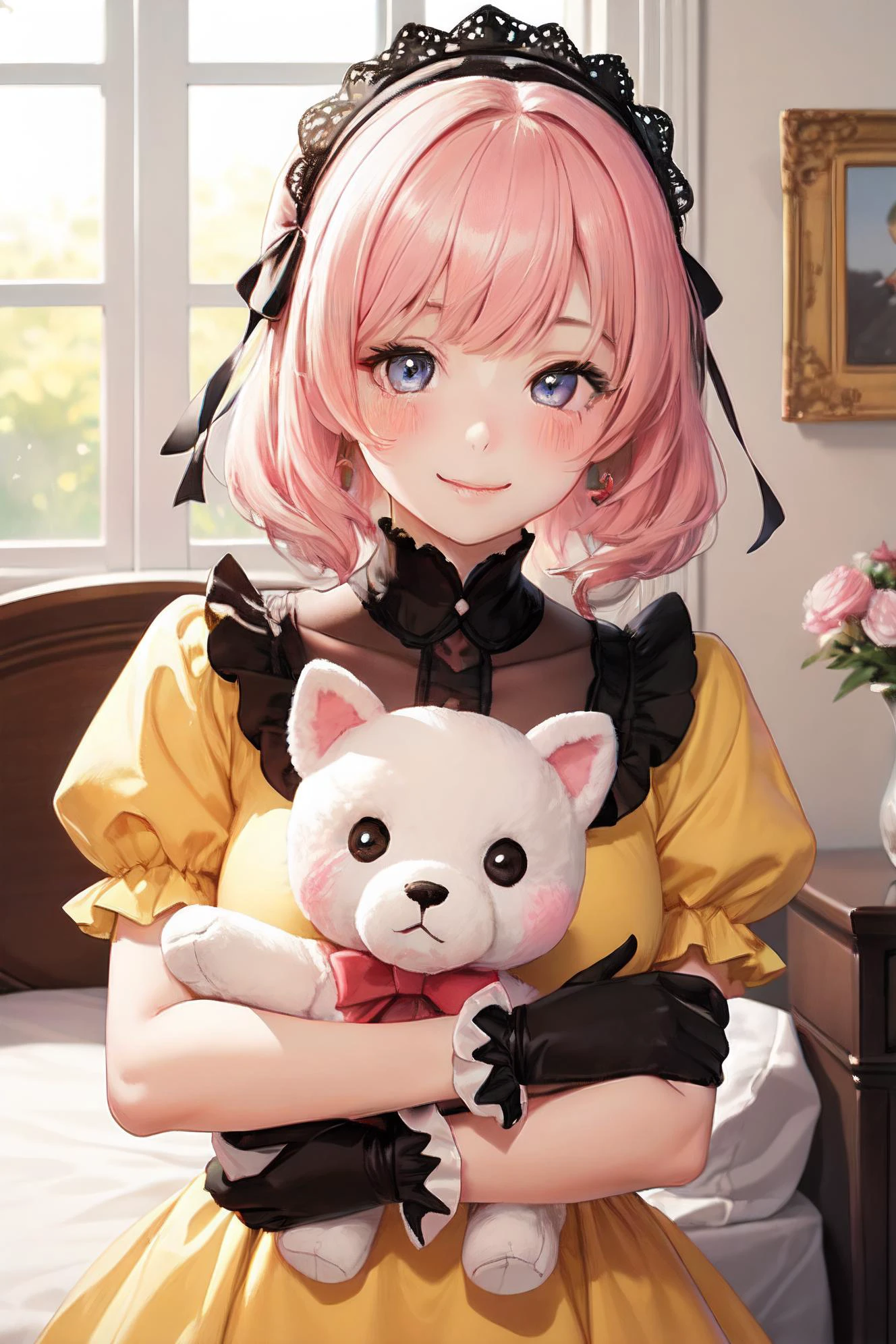 1girl, photo, masterpiece, sweetlolita at bedroomgothic gothic interior, yellow dress fabric, heart shape on cheek, blush pink makeup, gloves, smile, pastel color, ornate, broderry, holding stuffed animal, bokeh,