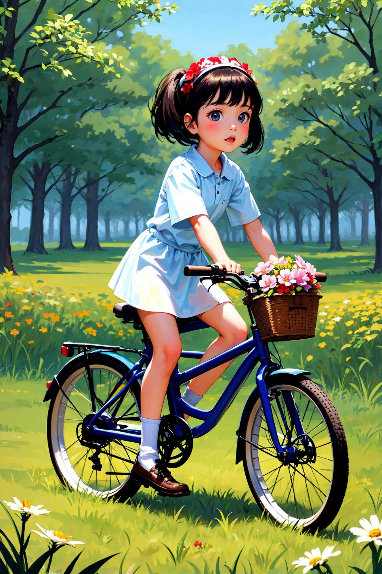 (Masterpiece),(Best Quality),masterpiece,highres,best quality, A riding a bicycle followed by a little dog,flower,grass,forest background