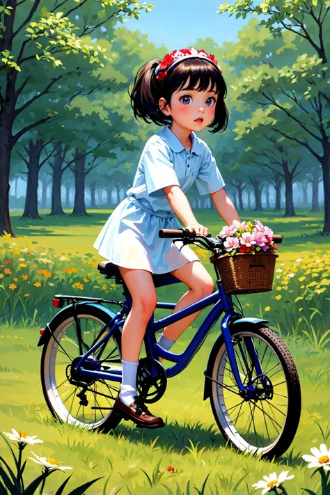 (Masterpiece),(Best Quality),masterpiece,highres,best quality, A little girl riding a bicycle followed by a little dog,flower,grass,forest background