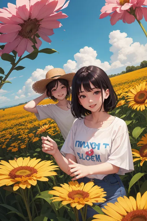 A young girl, with a mischievous grin on her face, is captured as she plays in a field of wildflowers. The flowers are in full bloom, creating a riot of color. The image is sho* ***ng a fish-eye lens, giving the scene a distorted, dreamlike quality. The image is inspired by the works of David Hockney, with its playful, vibrant energy.,<lora:Wuqiii_13:0.400000>,<lora:Wumag:0.300000>