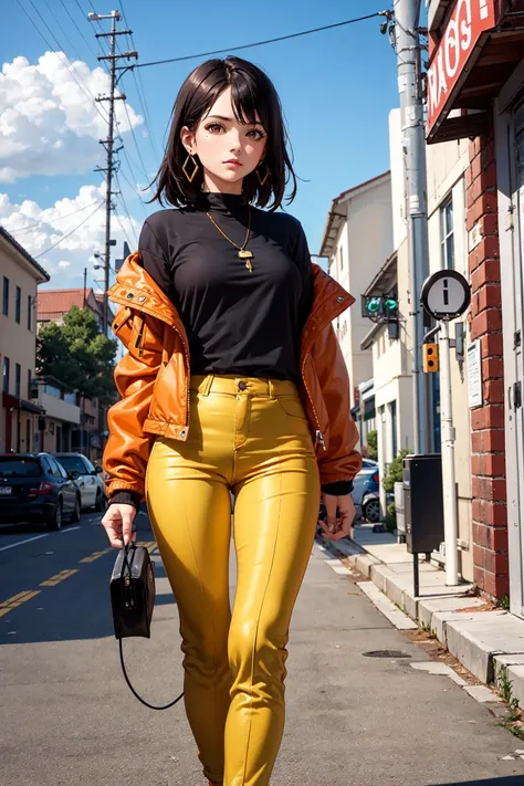 1girl, solo, outdoors, brown eyes, black hair, jacket, jewelry, mailbox, looking at audience, orange pants, construction, earrings, power cord, long sleeves, green jacket