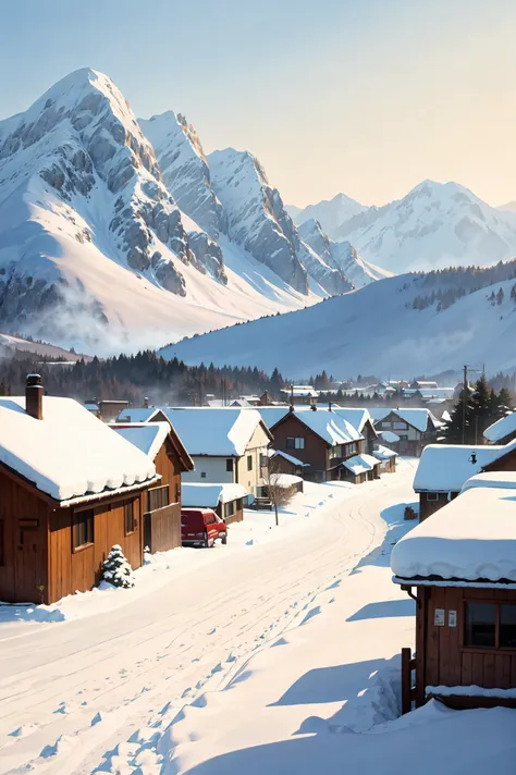 In winter, when it snows, small villages, towns, streets, and street corners in Asia are lined up neatly with colorful fruits, including power poles, fruit trees, bicycles, potted plants, fresh flowers, and roses. The composition is perfect, and the spring color is gorgeous. In the distance, there is golden yellow (wheat), and in the distance, there are foggy days, snowy mountains, and white snow. In the near distance, there is a large snowfield. In the distance, there are rural cottages, and the mountains are covered in heavy snow, creating a white snow scene,