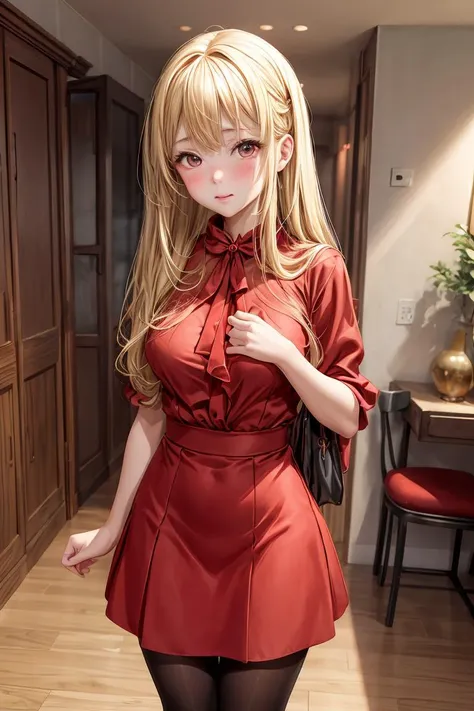 (masterpiece, best quality), 1girl, blonde hair, red dress, pantyhose, cute face, blush, <lora:add_detail:1>