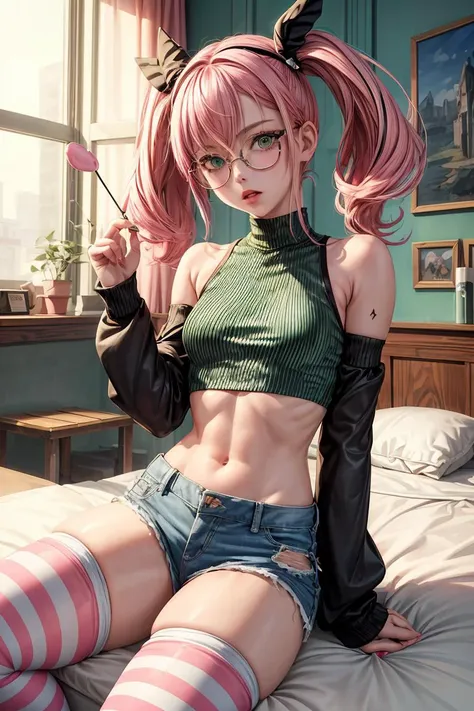 (masterpiece, best quality), 1girl, small breasts, small hips, green eyes, pink hair, crop top, denim shorts, bedroom, striped thighhighs, pervert, petite, glasses, <lora:add_detail:1>,