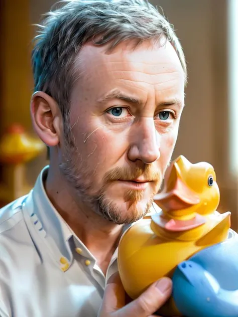 RAW photo of (AlexHorne:0.99) (holding aloft a rubber duck:1.3) , detailed face, realistic skin, high quality, (blue eyes:1.1), Leica 50mm, f1. 4, natural light, grainy, (high detailed skin:1.2), high detail