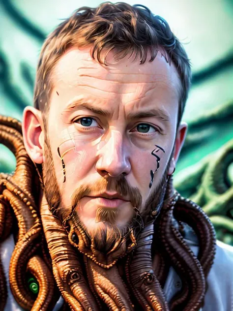 RAW photo of (AlexHorne:0.99) (holding aloft a Cthulhu:1.3) , detailed face, realistic skin, high quality, (blue eyes:1.1), Leica 50mm, f1. 4, natural light, grainy, (high detailed skin:1.2), high detail