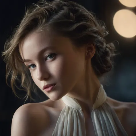 cinematic film still <lora:EmilyBloom_SDXL_v1.0:1>
Ethereal and dreamy low-key photography of a captivating ohwx woman, beautifully captured by the acclaimed photographer, Peter Lindbergh. The 3/4 body shot portrays the subject in a state of graceful allure, with a soft expression and introspective gaze. They are dressed in a flowing designer ((high neckline)) dress, featuring lightweight fabrics, delicate fabric details, and elegant cuts, perfectly suited for the soft lighting. Their hairstyle is styled in a romantic and effortless manner, enhancing the overall sense of ethereal beauty. The photograph is set in a serene and picturesque English garden, where the soft and warm lighting creates an air of tranquility and enchantment. This portrait, executed with exceptional attention to detail and mastery of low-key lighting techniques, showcases ultra-high detail, capturing the subject's captivating features and the intricate textures of their attire. The image is given a cinematic feel with a shallow depth of field, emphasizing the subject's enchanting beauty and the delicate details of their surroundings (photography by Peter Lindbergh: 1.1). . shallow depth of field, vignette, highly detailed, high budget, bokeh, cinemascope, moody, epic, gorgeous, film grain, grainy