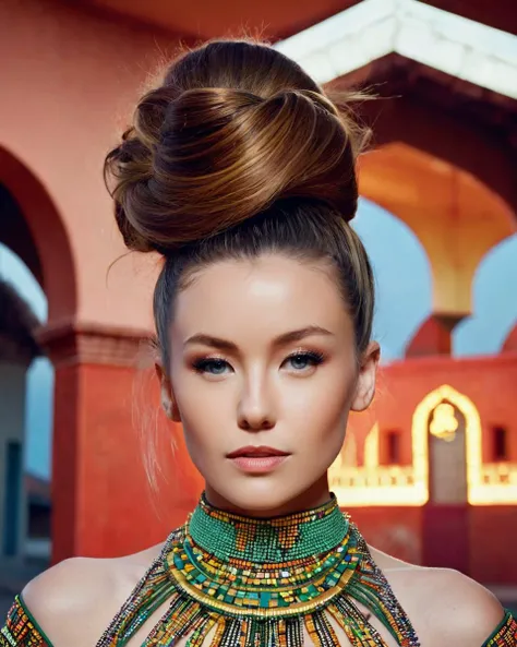 Architectural style  <lora:EmilyBloom_SDXL_v1.0:1>
((ohwx woman)), Evocative and dramatic portrait photography of a captivating muse, brilliantly captured by the renowned photographer, David LaChapelle. The upper body shot portrays the subject in a state of theatrical intensity, with a powerful and direct gaze. They are dressed in avant-garde designer attire, featuring bold shapes and intricate details that beautifully interact with the low-key lighting. Their hairstyle is styled in a striking and unconventional manner, adding to the overall impact. The photograph is set in an exotic and picturesque location, such as a vibrant Indian palace or a remote African savannah. The carefully controlled lighting creates a sense of drama and intensity, with the subject's features highlighted against a dark background. This portrait, executed with exceptional attention to detail and a mastery of low-key lighting techniques, showcases ultra-high detail, capturing the subject's commanding features and the intricate craftsmanship of their attire (photography by David LaChapelle:1.1). . Clean lines, geometric shapes, minimalist, modern, architectural drawing, highly detailed
