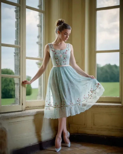 cinematic film still <lora:EmilyBloom_SDXL_v1.0:1>
large format photo, RAW, ((ohwx woman))
RAW, delicate physique illuminated in an embroidered tea-length dress with ballet flats, captured gazing out a window lost in thought with waves tied with a velvet bow. Photographed at a French chateau by Jenny Meister, known for ethereal imagery . shallow depth of field, vignette, highly detailed, high budget, bokeh, cinemascope, moody, epic, gorgeous, film grain, grainy