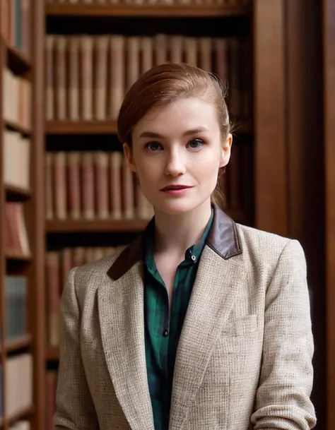 ohwx woman, red hair,Within the hallowed halls of an ancient library, surrounded by towering bookshelves and the scent of old parchment, a cinematic photo tells a story. Full body shot focus, Photorealistic portrait in breathtaking detail, photo scanned at ultra-high resolution, inspired by Helmut Newton and Peter Lindbergh. Dim, filtered light, aged library backdrop, an inquisitive look, minimal makeup with a hint of gloss, hair in a loose, effortless bun, wearing a classic tweed blazer over a silk blouse, plaid pencil skirt, and leather loafers, epitomizing scholarly elegance. 35mm photograph, film, bokeh, professional, 4k, highly detailed.