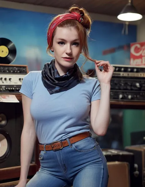 ohwx woman, red hair,Within the intimate setting of a vintage record store, surrounded by vinyl and the soul of music, a cinematic photo resonates with rhythm. Full body shot focus, Photorealistic portrait in breathtaking detail, photo scanned at ultra-high resolution, inspired by Helmut Newton and Peter Lindbergh. Dim, ambient light, eclectic record store backdrop, a look of blissful immersion, bold eyeliner, hair tied up in a silk scarf, wearing a retro band tee, high-waisted jeans, and leather ankle boots, capturing the heart of rock and roll. 35mm photograph, film, bokeh, professional, 4k, highly detailed.