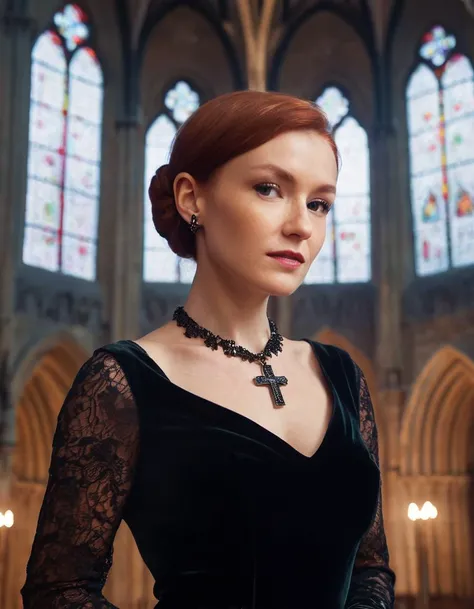 ohwx woman, red hair,Within the gothic architecture of an ancient cathedral, with stained glass casting kaleidoscopic lights, a cinematic photo is bathed in mystery. Full body shot focus, Photorealistic portrait in breathtaking detail, photo scanned at ultra-high resolution, inspired by Helmut Newton and Peter Lindbergh. Soft, multicolored light, majestic cathedral backdrop, an expression of awe, understated makeup, hair in a low chignon, wearing a floor-length velvet gown, a delicate cross necklace, and lace gloves, embodying the mystique of gothic romance. 35mm photograph, film, bokeh, professional, 4k, highly detailed.
