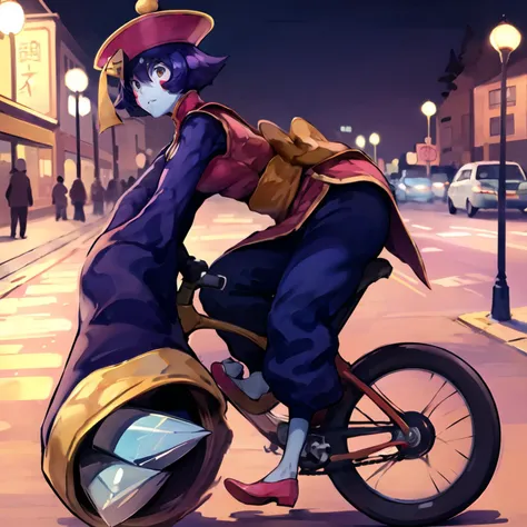 (claws), bicycle, hsien-ko riding a bike through a busy street <lora:Hsien-Ko:1>