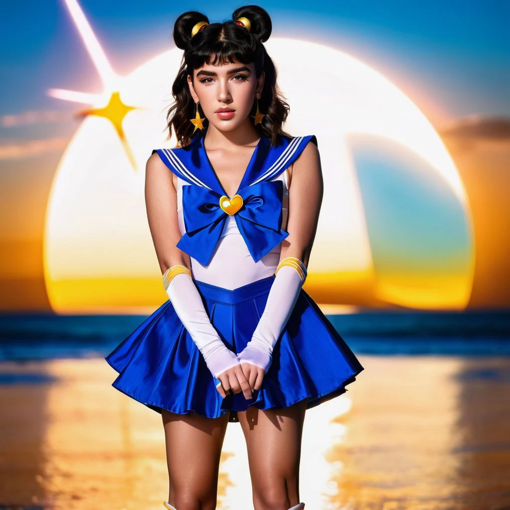 A vibrant photograph of Dua Lipa dressed as sailor moon, sailor senshi uniform, wide-angle lens,wide shot, full body, legs, waist, ((looking at viewer)), (looking into the camera), front view, detailed face, freckles,amber eyes, hyper realistic, natural lightning, perfect shadows, 35mm photograph, film, professional, 8k, highly detailed,from movie, (cleavage:1.2) , high budget, bokeh, cinemascope, moody, epic, gorgeous, cinemascope, moody, <lora:xl_sailor_senshi_uniform-1.0:1>