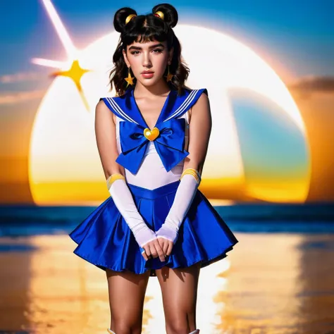 A vibrant photograph of Dua Lipa dressed as sailor moon, sailor senshi uniform, wide-angle lens,wide shot, full body, legs, waist,  ((looking at viewer)), (looking into the camera), front view, detailed face, freckles,amber eyes,  hyper realistic,  natural lightning, perfect shadows, 35mm photograph, film, professional, 8k, highly detailed,from  movie, (cleavage:1.2) , high budget, bokeh, cinemascope, moody, epic, gorgeous, cinemascope, moody, <lora:xl_sailor_senshi_uniform-1.0:1>