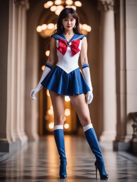 cinematic film still photographed, beautiful girl, sailor senshi uniform, full body, large breasts, narrow waist, long legs, high-heeled boots <lora:xl_sailor_senshi_uniform-1.0:0.8> . shallow depth of field, vignette, highly detailed, high budget, bokeh, cinemascope, moody, epic, gorgeous, film grain, grainy
