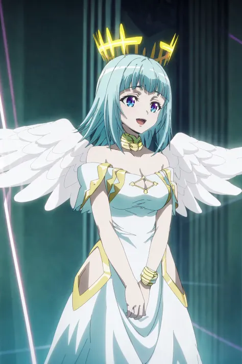 masterpiece, best quality, AltSiaV4, 1girl, solo, smile, open mouth, dress, jewelry, cowboy shot, wings, white dress, bracelet, halo, feathered wings, angel wings, light rays, angel, <lora:AltSiaV4-10:1>