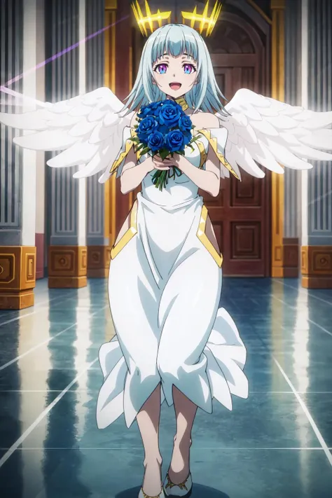 masterpiece, best quality, AltSiaV4, 1girl, solo, looking at viewer, smile, open mouth, dress, holding, full body, flower, :d, wings, white dress, rose, halo, feathers, feathered wings, blue flower, bouquet, blue rose, hip vent, gears, <lora:AltSiaV4-10:1>