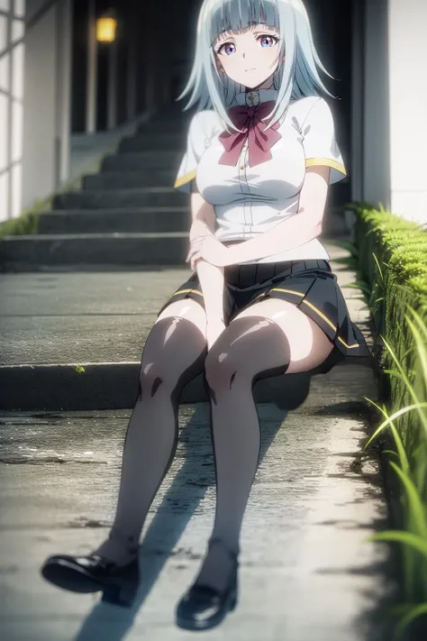 masterpiece, best quality, AltSiaV4, 1girl, solo, slight smile, ((school uniform, short skirt, black skirt, thighhighs, shoes, black footwear)), city alley, steps, night, <lora:AltSiaV4-10:0.8>