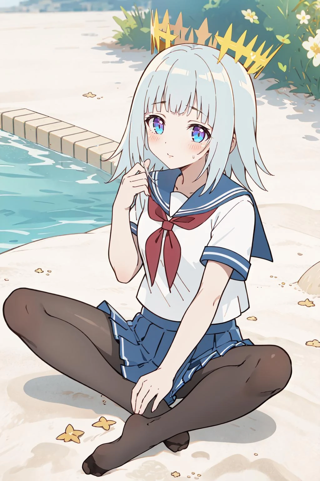 masterpiece, best quality, AltSiaV4, 1girl, solo, blush, looking at viewer, white hair, ((school uniform, brown pantyhose)), no shoes, sitting, crown, feet, full body, outdoors, water, sand, <lora:AltSiaV4-10:0.8>