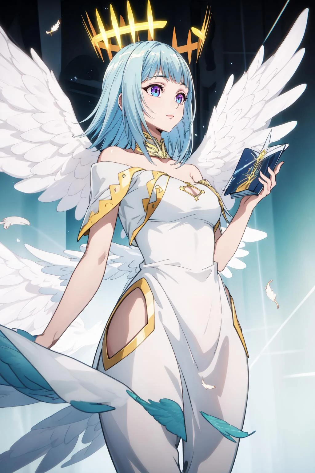 masterpiece, best quality, AltSiaV4, 1girl, solo, white background, dress, wings, halo, feathered wings, angel wings, angel, multiple wings, <lora:AltSiaV4:0.8>