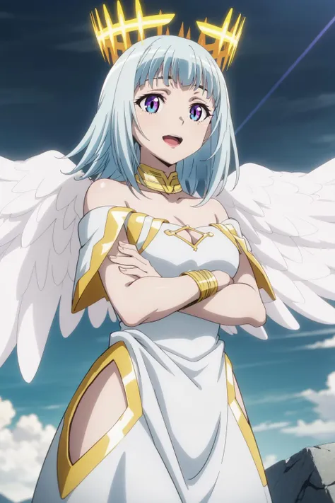 masterpiece, best quality, AltSiaV4, 1girl, solo, smile, open mouth, dress, jewelry, cowboy shot, wings, white dress, bracelet, halo, feathered wings, angel wings, light rays, angel, ((anime coloring)), crossed arms, <lora:AltSiaV4-10:0.8>