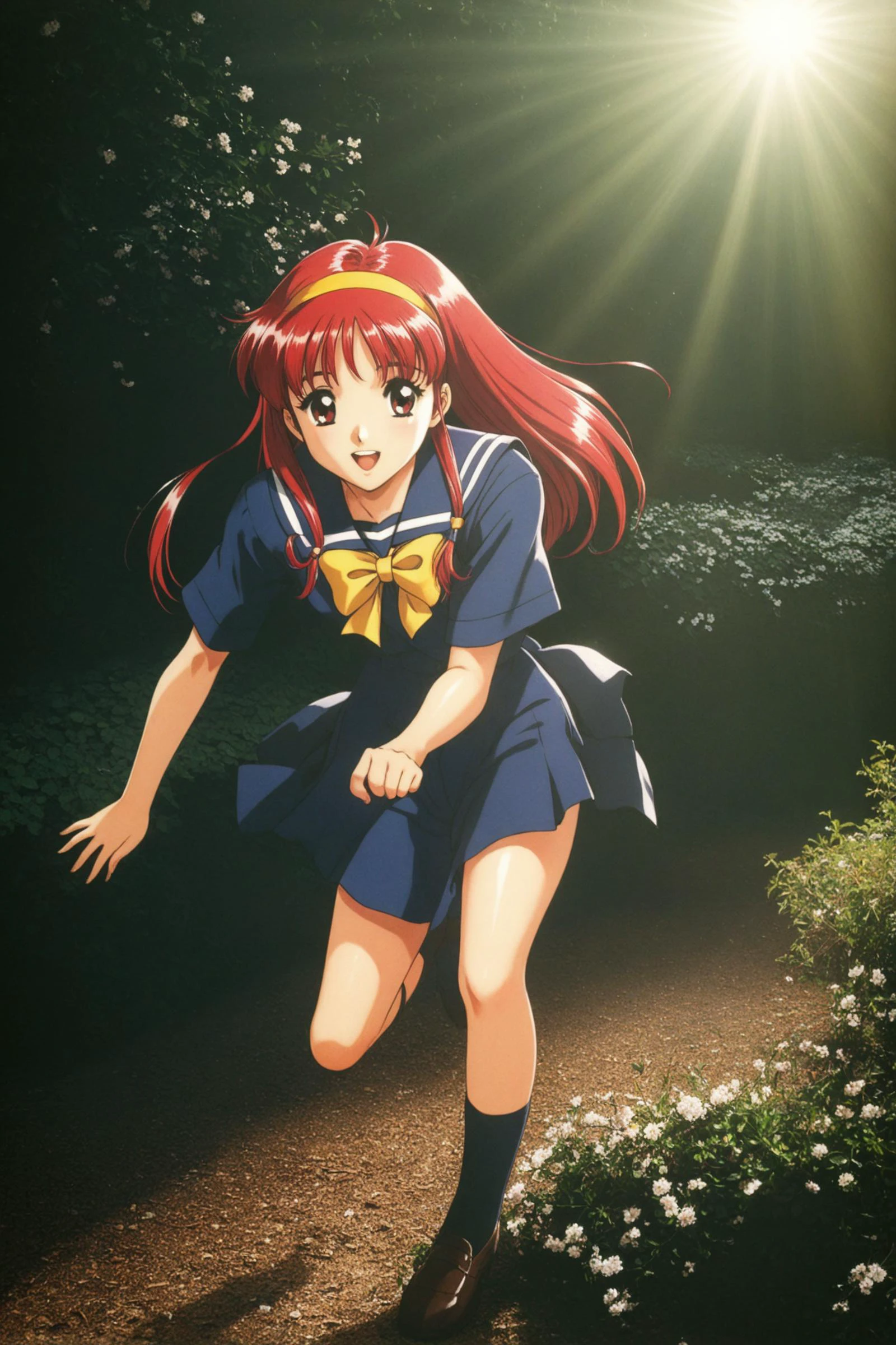 anime,amazing quality,masterpiece,best quality,awesome,inspiring,cinematic composition,soft shadows,Film grain,shallow depth of field,highly detailed,high budget,cinemascope,epic,OverallDetail,color graded cinematic,atmospheric lighting,natural,shallow dof,
Kokura Masashi Style,
Fujisaki Shiori,1girl,solo, (full body:1.4), long hair,school uniform,retro artstyle,yellow hairband,1990s (style),red hair,serafuku,bow,sailor collar,yellow bow,blue sailor collar,red eyes, full body,smile,open mouth,
traditional media,gentle light,
high school, leaf,flower,cherry blossom,
,<lora:super lora_flyx3_XL:0.8>