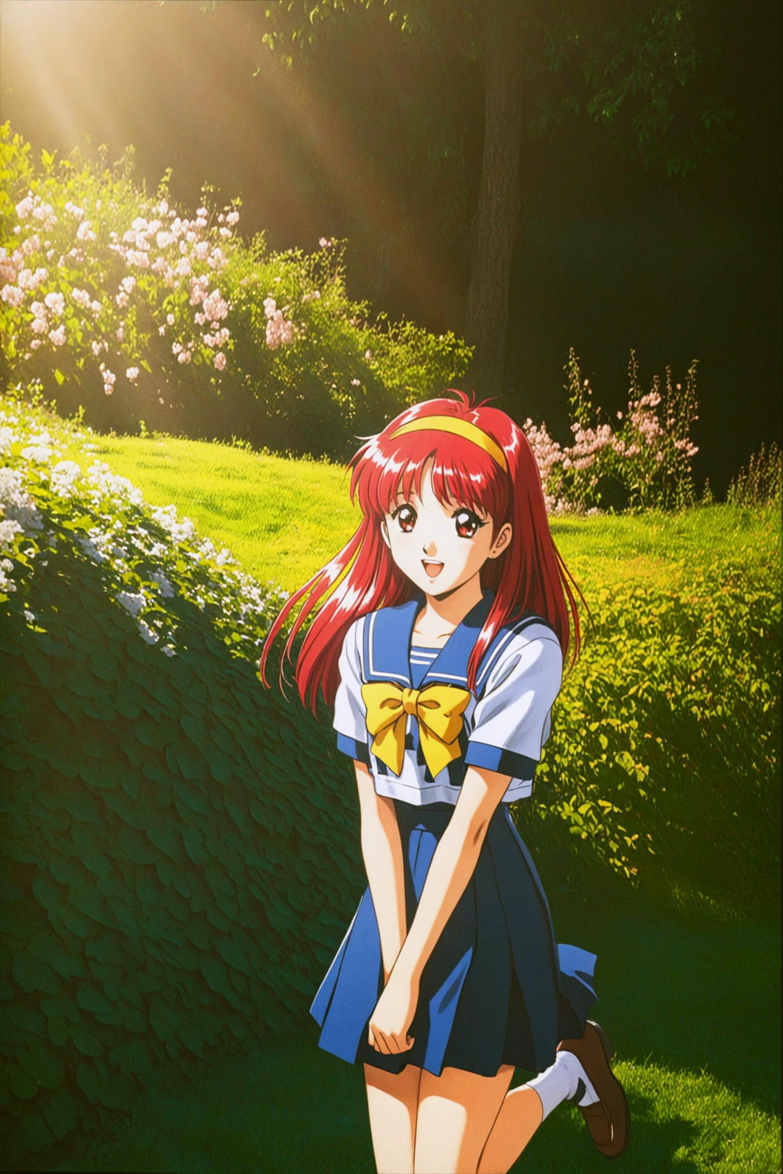 anime,amazing quality,masterpiece,best quality,awesome,inspiring,cinematic composition,soft shadows,Film grain,shallow depth of field,highly detailed,high budget,cinemascope,epic,OverallDetail,color graded cinematic,atmospheric lighting,natural,shallow dof,
Kokura Masashi Style,
Fujisaki Shiori,1girl,solo, (full body:1.4), long hair,school uniform,retro artstyle,yellow hairband,1990s (style),red hair,serafuku,bow,sailor collar,yellow bow,blue sailor collar,red eyes, full body,smile,open mouth,
traditional media,gentle light,
high school, leaf,flower,cherry blossom,
,<lora:super lora_flyx3_XL:0.8>