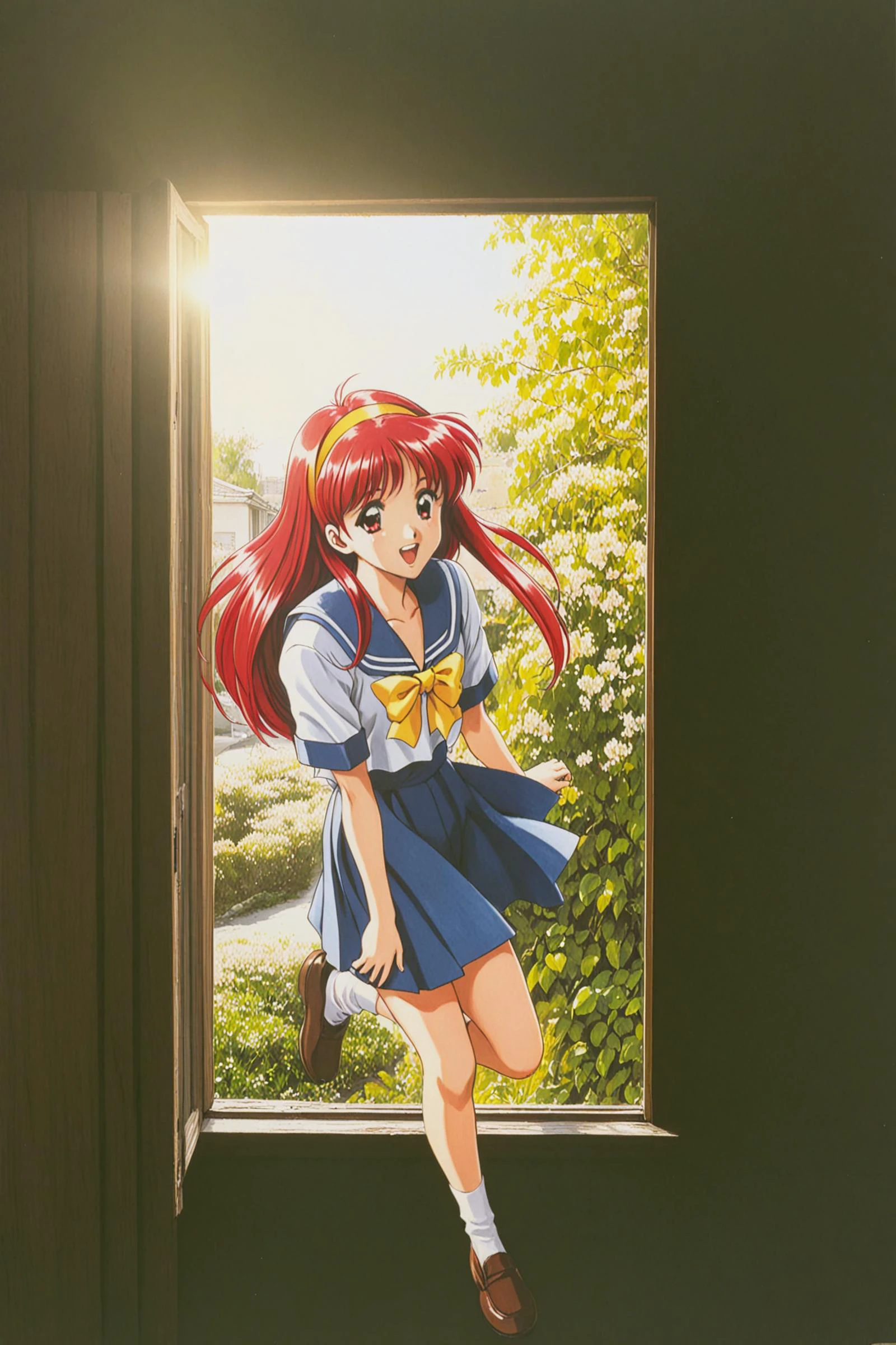 anime,amazing quality,masterpiece,best quality,awesome,inspiring,cinematic composition,soft shadows,Film grain,shallow depth of field,highly detailed,high budget,cinemascope,epic,OverallDetail,color graded cinematic,atmospheric lighting,natural,shallow dof,
Kokura Masashi Style,
Fujisaki Shiori,1girl,solo, (full body:1.4), long hair,school uniform,retro artstyle,yellow hairband,1990s (style),red hair,serafuku,bow,sailor collar,yellow bow,blue sailor collar,red eyes, full body,smile,open mouth,
traditional media,gentle light,
high school, leaf,flower,cherry blossom,
,<lora:super lora_flyx3_XL:0.8>