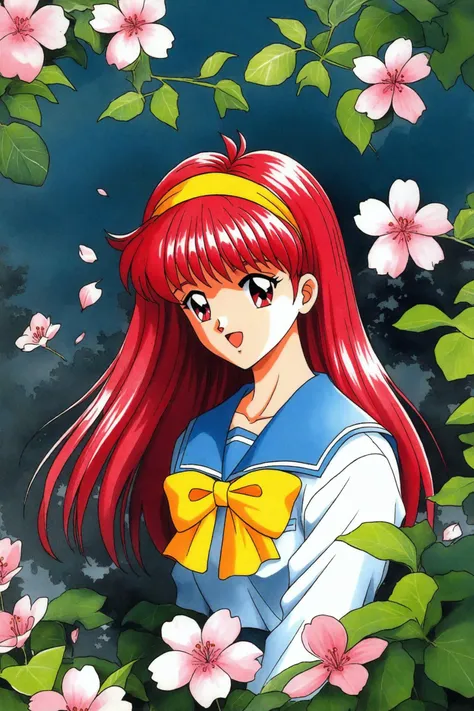 Kokura Masashi Style,
Fujisaki Shiori,1girl,solo,long hair,school uniform,retro artstyle,yellow hairband,1990s (style),red hair,serafuku,bow,sailor collar,yellow bow,blue sailor collar,red eyes,leaf,flower,cherry blossom,upper body,smile,open mouth,traditional media,
<lora:super lora_flyx3_XL:0.8>,