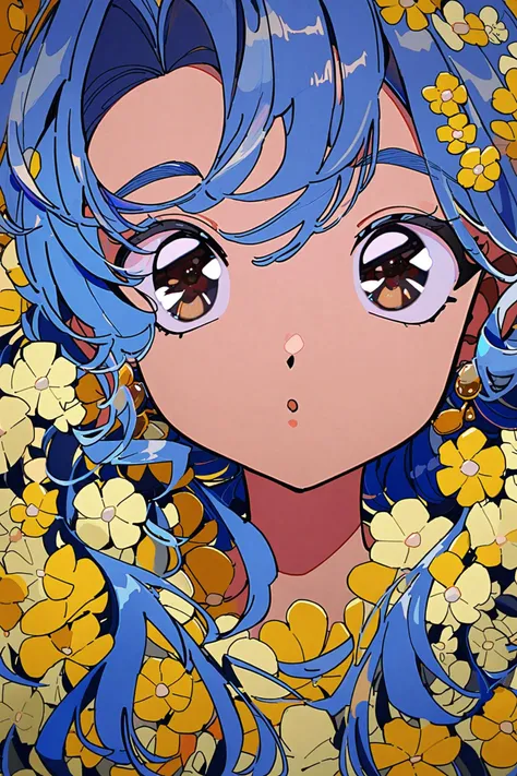 hrn_yc Style,hrn_yc Style,1girl,solo,blue hair,flower,brown eyes,looking at viewer,earrings,jewelry,long hair,bangs,yellow flower,portrait,flower earrings,:o,shirt,
<lora:super lora_flyx3_XL:0.8>,