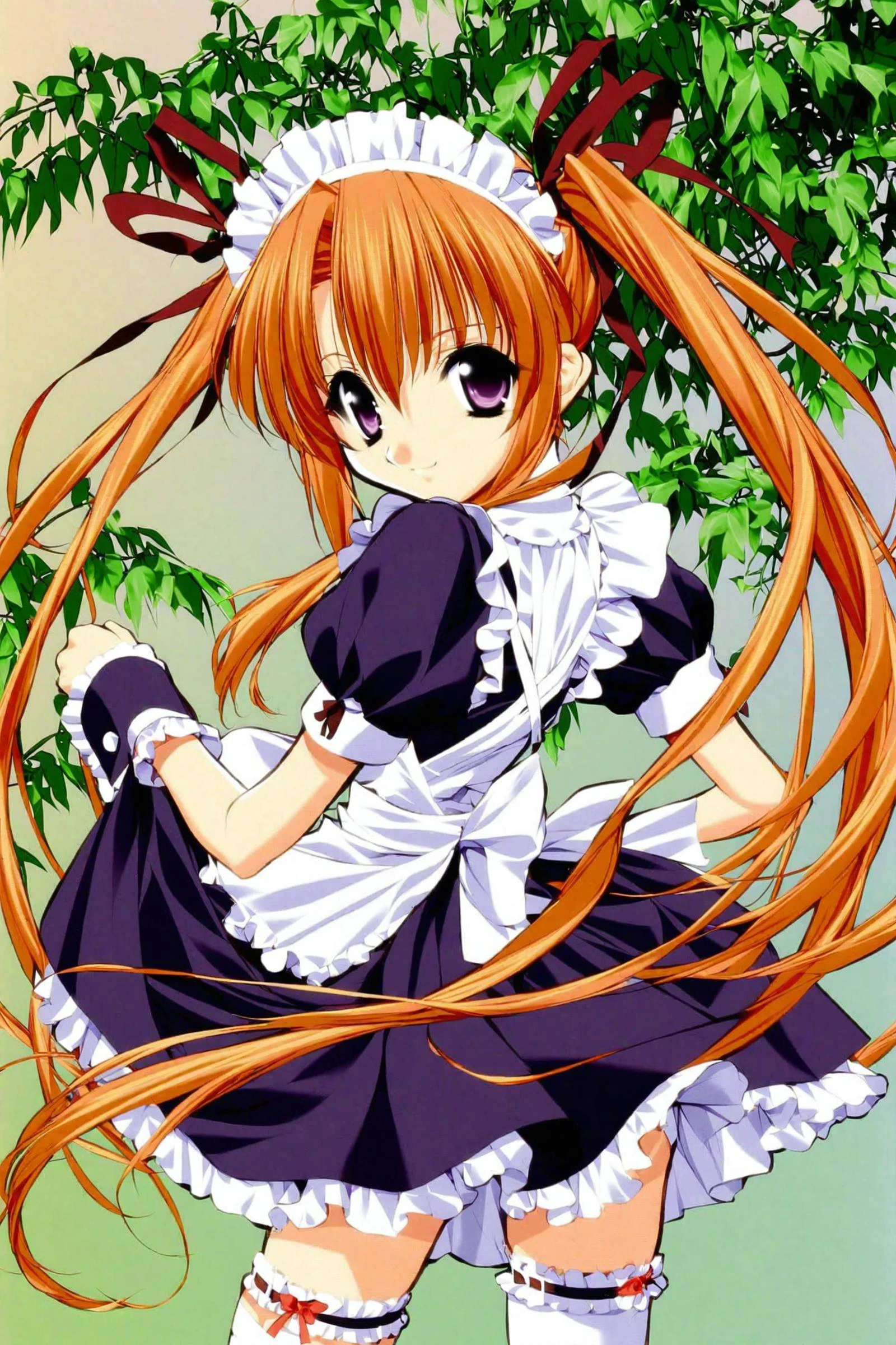 Naoto Tenhiro Style,
Sakuya,1girl,solo,thighhighs,long hair,twintails,dress,frills,maid,heart,short sleeves,frilled thighhighs,white thighhighs,ribbon,puffy sleeves,maid headdress,apron,smile,puffy short sleeves,looking at viewer,orange hair,looking back,purple eyes,ribbon-trimmed legwear,;),ribbon trim,wrist cuffs,skirt hold,hair ribbon,bangs,very long hair,zettai ryouiki,bow,plant,
<lora:super lora_flyx3_XL:0.8>,